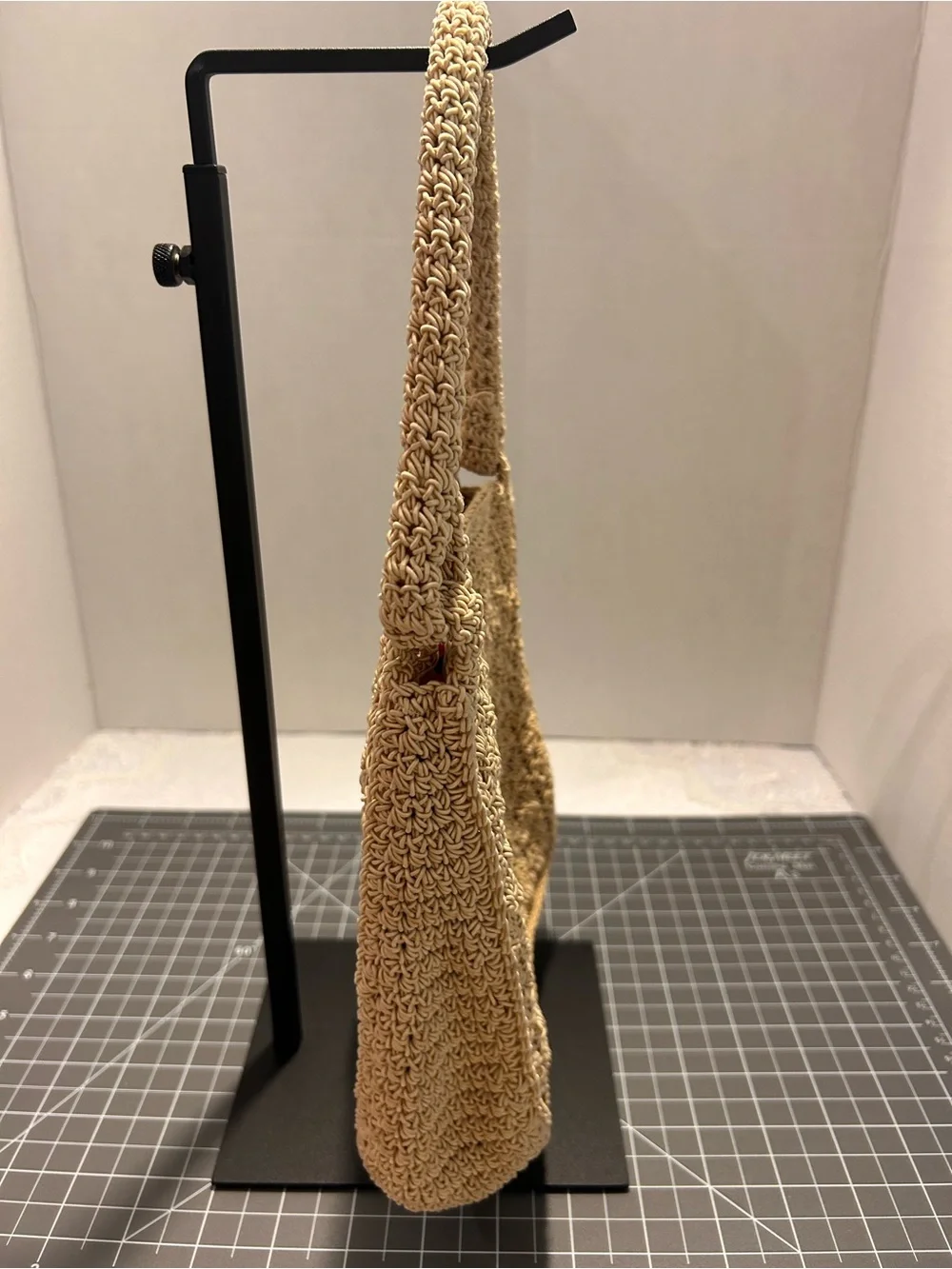 Vintage 90s/Y2K Esprit Crochet Trapezoid Shoulder Bag - Beige Shell Stitch Knit